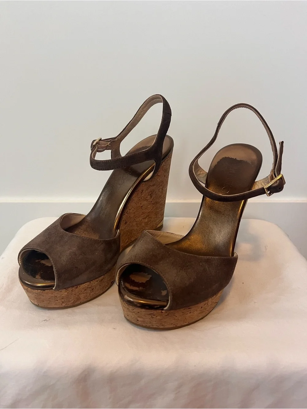Jimmy Choo Brown Suede Cork Platform Wedge Sandals with Ankle Strap